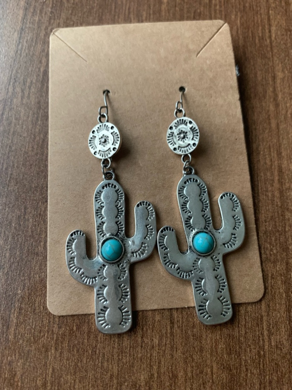 Turquoise Stone Silver Cactus Dangle Earrings - Women Jewelry